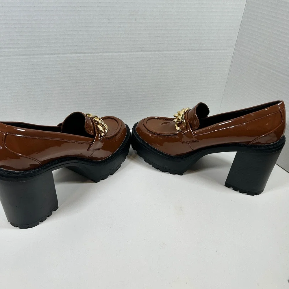Madden Girl Heel Womens 10 Brown Patent Chain Cognac Platform Chunkie Loafers